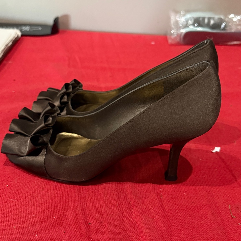 Stuart Weitzman Dark Brown Ruffle Peep-Toe Heels - image 3